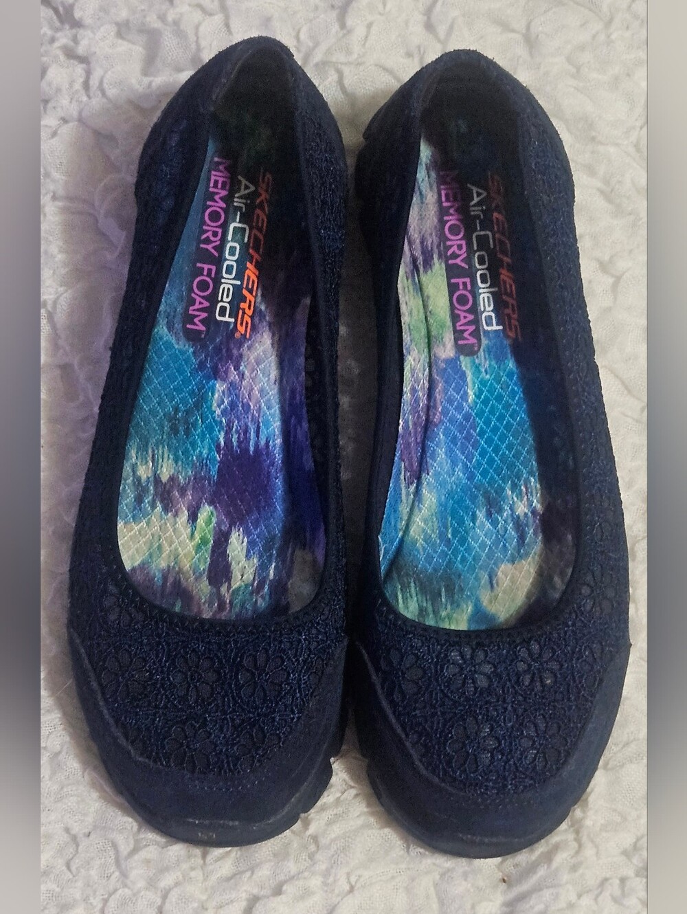 Skechers Navy Floral Lace Memory Foam Ballet Flats with Tie-Dye Insole Size 8
